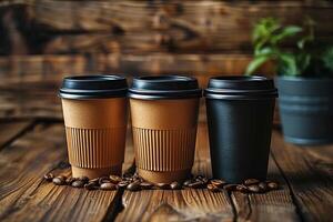 AI generated Sustainable sips Reusable coffee cups on rustic wooden table, text ready photo