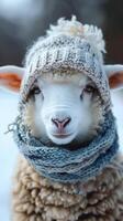 ai generado adorable invierno escena oveja vistiendo bufanda y gorro agrega encanto vertical móvil fondo de pantalla foto