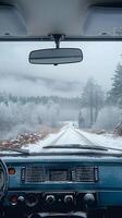 AI generated Winter ambiance Misty background with van view, perfect for text Vertical Mobile Wallpaper photo