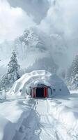 AI generated Frosty retreat Alpine emergency shelter covered in snow with text space Vertical Mobile Wallpaper photo