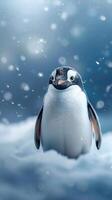 ai generado antártico encanto pingüino poses en Nevado antecedentes con texto espacio vertical móvil fondo de pantalla foto