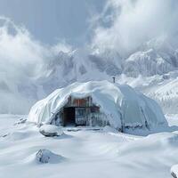 AI generated Winter refuge Snow covered alpine emergency shelter with text space For Social Media Post Size photo