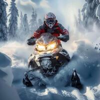 AI generated Winter mission Snowmobile speeds through heavy snow in alpine rescue For Social Media Post Size photo
