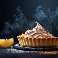 AI generated Tangy delight Lemon Meringue Pie on dark background with text For Social Media Post Size photo