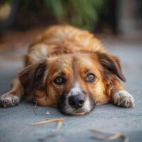 ai generado cómodo perro descansa en el hormigón piso, un imagen de tranquilidad para social medios de comunicación enviar Talla foto