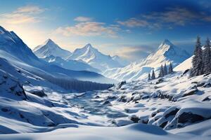 AI generated Majestic winter mountains adorned in snow create breathtaking scenic beauty photo