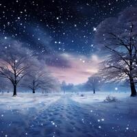 AI generated Winter wonder Snow covered trees under a starry sky at night For Social Media Post Size photo