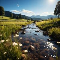 AI generated Natures beauty Clear stream flows through a meadow with wildflowers For Social Media Post Size photo