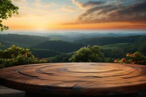 ai generado místico ambiente vacío mesa en contra brumoso puesta de sol paisaje para montaje foto