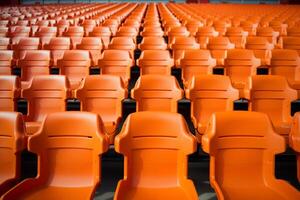 AI generated Soccer anticipation Empty orange seats await fans at stadium rows photo