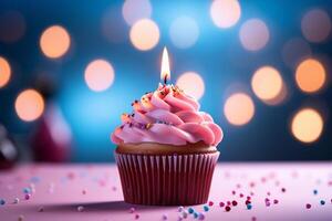 AI generated Sweet celebration Cupcake with pink cream and burning candle photo