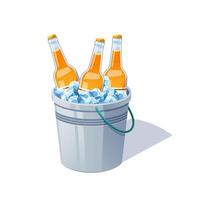 Beer bottles in a metal bucket with ice cubes vector isolated.