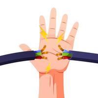 Hand grabs the exposed electrical wire vector isolated.