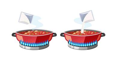 Adding monosodium glutamate to soup on a gas stove vector isolated on white background.