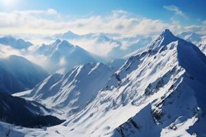 AI generated Snowy panorama View from the top captures the beauty of mountains photo