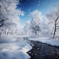 AI generated Snowy tranquility Winter forest landscape with frozen trees For Social Media Post Size photo