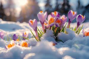 AI generated Natures awakening Crocuses break through winters cloak in spring photo