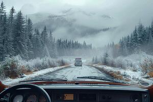 ai generado invierno ambiente brumoso antecedentes con camioneta vista, Perfecto para texto foto