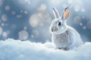 ai generado majestuoso ártico liebre en prístino blanco nieve ajuste con copyspace foto