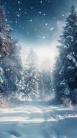 AI generated Quiet winter scene Snowfall over an alpine forest with text space Vertical Mobile Wallpaper photo