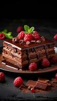 AI generated Irresistible dessert Chocotorta showcased on a dark background with text Vertical Mobile Wallpaper photo