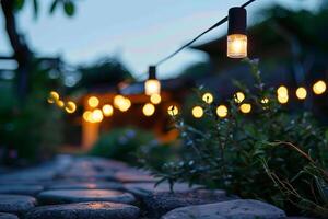 AI generated Evening garden ambiance with softly lit lights, perfect for relaxation photo