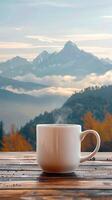 AI generated Hot coffee mug on a tabletop with morning mountain view Vertical Mobile Wallpaper photo