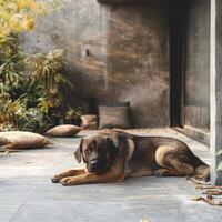 AI generated A houses concrete haven, a contented dark brown dog lounges For Social Media Post Size photo