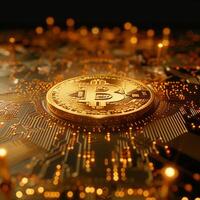 AI generated Gold coin Bitcoin on electronic circuit pattern, cryptocurrency exchange concept For Social Media Post Size photo