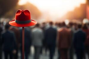 AI generated Red hat pops on pole, a standout in bustling crowd photo