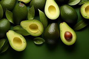 AI generated Nutrient rich display Fresh avocados arranged on lush green background photo