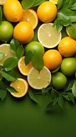 AI generated Fruity delight Citrus assortment with green leaves on green background Vertical Mobile Wallpaper photo