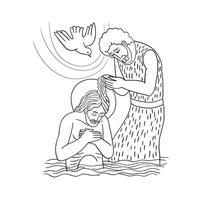 Baptism blessing of Jesus Christ son of God messiah prophet in Jordan river water by John Baptist descending Holy Spirit. vector