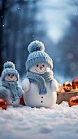 AI generated Frosty friends Knitted snowmen stand out in snowy wonderland setting Vertical Mobile Wallpaper photo