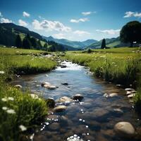 AI generated Natures beauty Clear stream flows through a meadow with wildflowers For Social Media Post Size photo