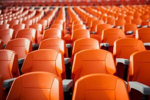 AI generated Soccer anticipation Empty orange seats await fans at stadium rows photo