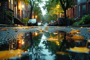 AI generated Atmospheric aftermath Urban street with glistening puddles post rainstorm photo