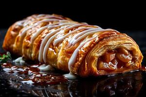 AI generated Irresistible treat Apple strudel on dark background with text space photo