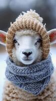 AI generated Winter whimsy Cute sheep in knitted scarf and beanie brings humor Vertical Mobile Wallpaper photo