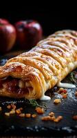 ai generado tentador postre delicioso manzana strudel presentado en un oscuro antecedentes vertical móvil fondo de pantalla foto