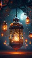 AI generated Festive ambiance Background with flaming lanterns for vibrant Ramadan celebration Vertical Mobile Wallpaper photo