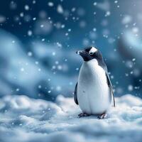 AI generated Arctic backdrop Penguin on snow covered ground with empty text space For Social Media Post Size photo