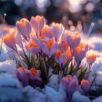 AI generated Natures awakening Crocuses break through winters cloak in spring For Social Media Post Size photo