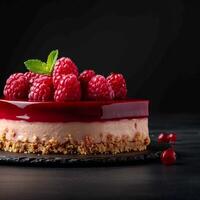 AI generated Indulgent sweetness Raspberry Cheesecake against a dark backdrop, text ready For Social Media Post Size photo