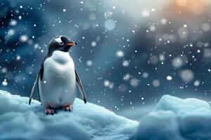 AI generated Antarctic charm Penguin poses on snowy background with text space photo