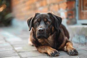 ai generado un casas hormigón refugio, un contento oscuro marrón perro salones foto