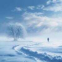 AI generated Lone winter walk Solitary figure strolling in snowy winter landscape For Social Media Post Size photo