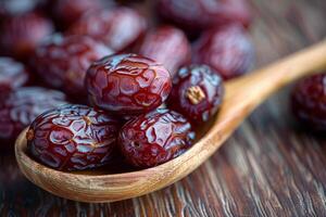 AI generated Nutrient rich display Medjool dates in wooden spoon, perfect Ramadan imagery photo