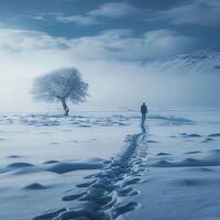 ai generado tranquilo contemplación persona caminando solo en Nevado invierno paisaje, texto espacio para social medios de comunicación enviar Talla foto