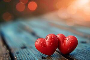 AI generated Love showcase Pair of red hearts on wooden table, romantic photo